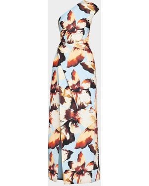 Monique Lhuillier One-Shoulder Amber Lily Print Slit Column Gown - White