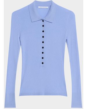 Maria McManus Tiny Button Long-Sleeve Rib Polo Sweater - Blue
