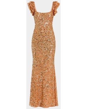 Mac Duggal Ruffle-Trim Sequin Trumpet Gown - Brown