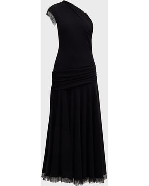 Brandon Maxwell Tess Fringed One-Shoulder Draped Drop-Waist Maxi Dress - Black
