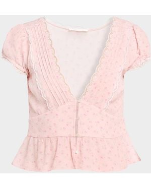 LoveShackFancy Bondy Floral Peplum-Hem Top - Pink
