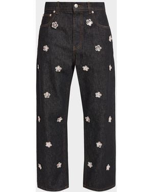 Marni Flower Embroidered Denim Relaxed-Leg Ankle Carrot Pants - Black