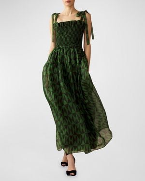 Cynthia Rowley Smocked Geometric-Print Organza Maxi Dress - Green