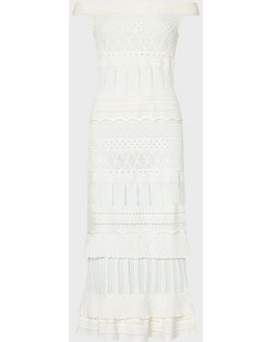 MILLY Maven Off-Shoulder Pointelle Midi Sheath Dress - White