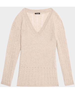 Kiton Cashmere-Silk Open Knit V-Neck Sweater - Natural