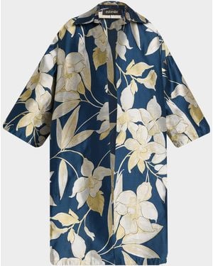 Eskandar Sloped-Shoulder Wide A-Line Open Jacket - Blue