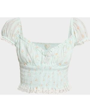 LoveShackFancy Daini Smocked Floral Top - Blue