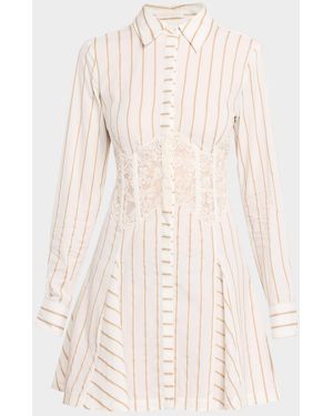 Ramy Brook Wren Striped Lace-Inset Godet Mini Shirtdress - Natural