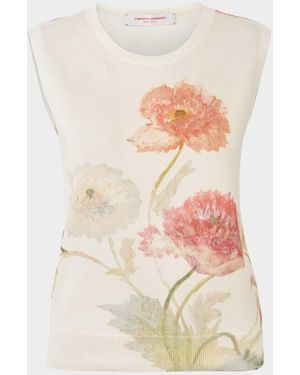 Carolina Herrera Floral Print Sleeveless Silk-Cotton Sweater - White