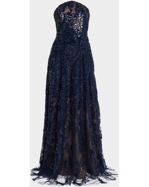 Rene Ruiz Strapless Floral Sequin A-Line Gown - Blue