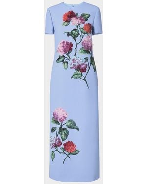 Carolina Herrera Hydrangea-Print Crepe Short-Sleeve Ankle Dress - Blue