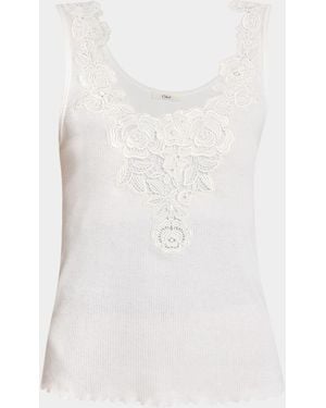 Chloé Ribbed Lace-Front Tank - White