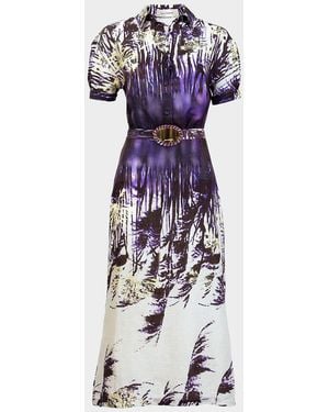 Silvia Tcherassi Lee Palm-Print Linen Short-Sleeve Midi Shirtdress With Belt - Purple
