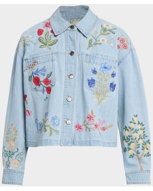 Johnny Was Beatrix Floral-Embroidered Cotton Denim Jacket - Blue