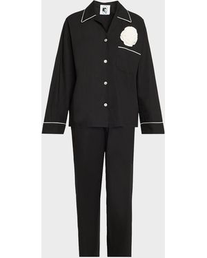 Sleeper Floral Applique Cotton Poplin Pajama Set - Black