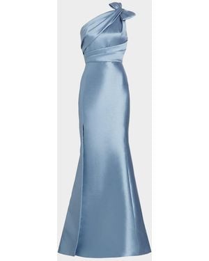Amsale One-Shoulder Bow Mikado Gown - Blue