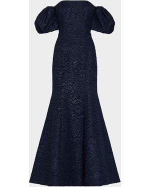 MILLY Alexi Off-Shoulder Floral Jacquard Mermaid Gown - Blue