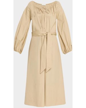 Vince Shirred Cotton Belted Tie-Neck Midi Dress - Natural