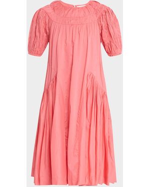 Merlette Maigret Ruched Puff-Sleeve Cotton Dress - Pink