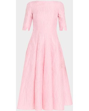 Talbot Runhof 3/4-Sleeve Textured Jacquard Tea-Length Dress - Pink