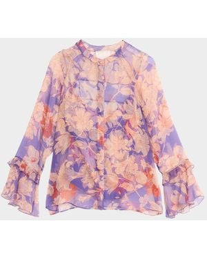 Johnny Was Emerie Floral Silk Ruffle-Sleeve Blouse - Pink