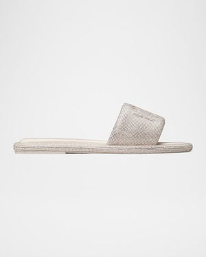 Tory Burch Double T Pave Leather Slide Sandals - White