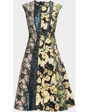Jason Wu Mixed Floral Silk Jacquard Patchwork Midi Dress - Green