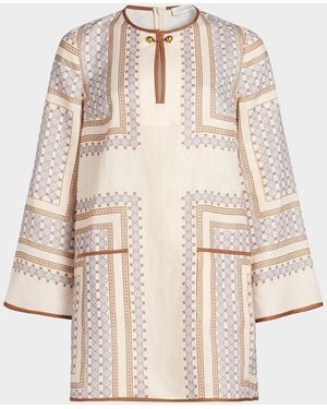 Zimmermann Split V-Neck Linen Tunic Mini Dress - Natural