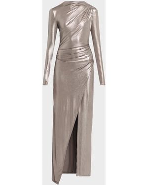 LAPOINTE Ruched Coated Jersey Long-Sleeve Maxi Dress - Natural