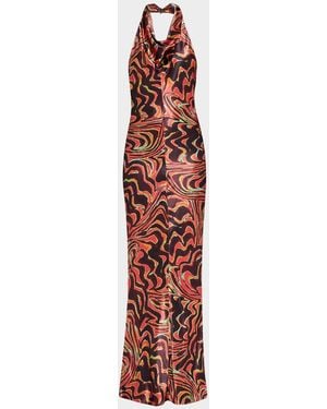 Christopher John Rogers Wavy-Print Satin Cowl-Neck Halter Gown - White