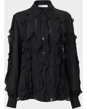Carolina Herrera Ruffle Lace-Embroidered Silk Blouse - Black