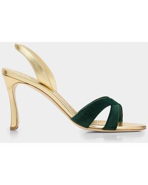 Manolo Blahnik Callydra 90Mm Velvet-Trimmed Slingback Sandals - Metallic