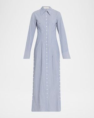 Jane Wade Long Button-Front Pinstripe Shirtdress - Blue