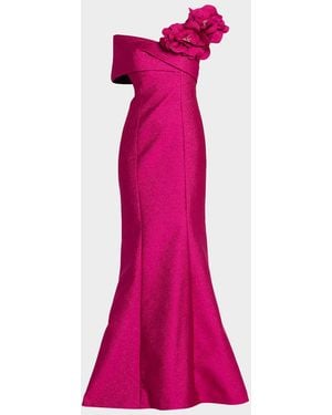 Teri Jon One-Shoulder Floral Applique Mermaid Gown - Pink