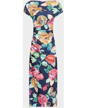 Lela Rose Floral Print Ruched Crepe Midi Dress - White