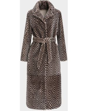 Gorski Reversible Chevron-Print Grooved Shearling Lamb Coat With Belt - Brown