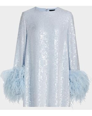LAPOINTE Feather Cuff Long-Sleeve Sequined Mini Shift Dress - Blue