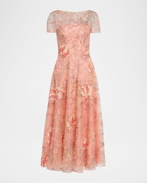 Naeem Khan Metallic Floral Embroidered Short-Sleeve Illusion Midi Dress - Pink