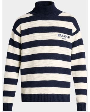 Balmain Apos;S Mariniere Stripe Wool Knit Turtleneck Sweater - Blue