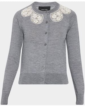 Simone Rocha Embellished Classic Merino Wool-Silk Crewneck Cardigan - Gray