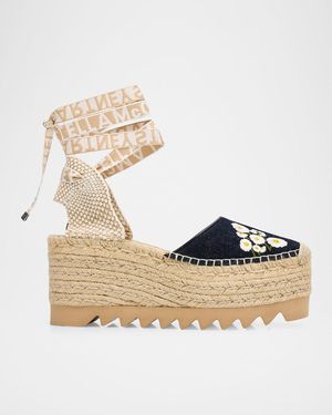 Stella McCartney 80Mm Gaia Floral-Embroidered Denim Espadrille Sandals - Metallic