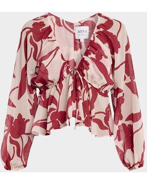MISA Los Angles Susan Cherry Floral Peplum Blouse - Red