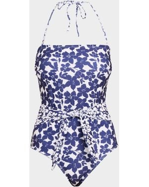 Shoshanna Floral Belted Bandeau One-Piece Swimsuit - Blue