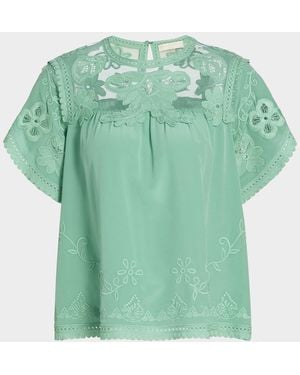 Ulla Johnson Alma Short-Sleeve Lace Silk Top - Green