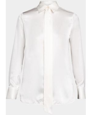 Kiton Neck-Tie Silk Satin Button-Down Shirt - White