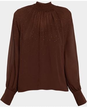 Generation Love Noor Crystal-Embellished Chiffon Mock-Neck Blouse - Brown
