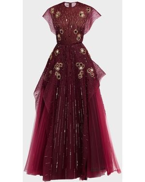 Bibhu Mohapatra Chakra Embellished Layered Tulle Cap-Sleeve Gown