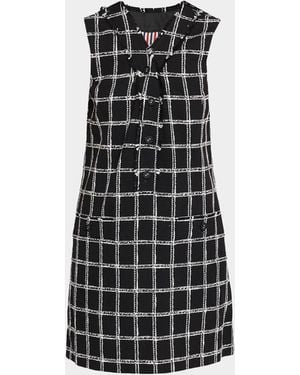 Thom Browne V-Neck Frayed Windowpane Tweed Mini Cardigan Dress - Black
