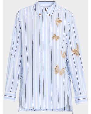 Dice Kayek Butterfly Embroidered Striped Cotton Button-Down Shirt - Blue