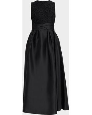 Shoshanna Beth Pleated Mikado & Mesh Maxi Dress - Black